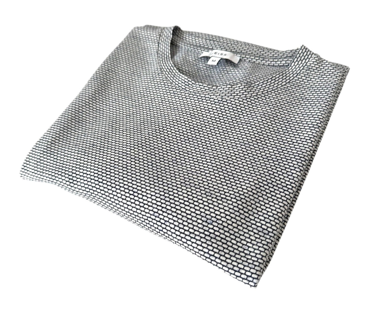 Reiss White Reiss T-Shirt Men's UK Size M White & Blue Geometric Block Print Crew Neck