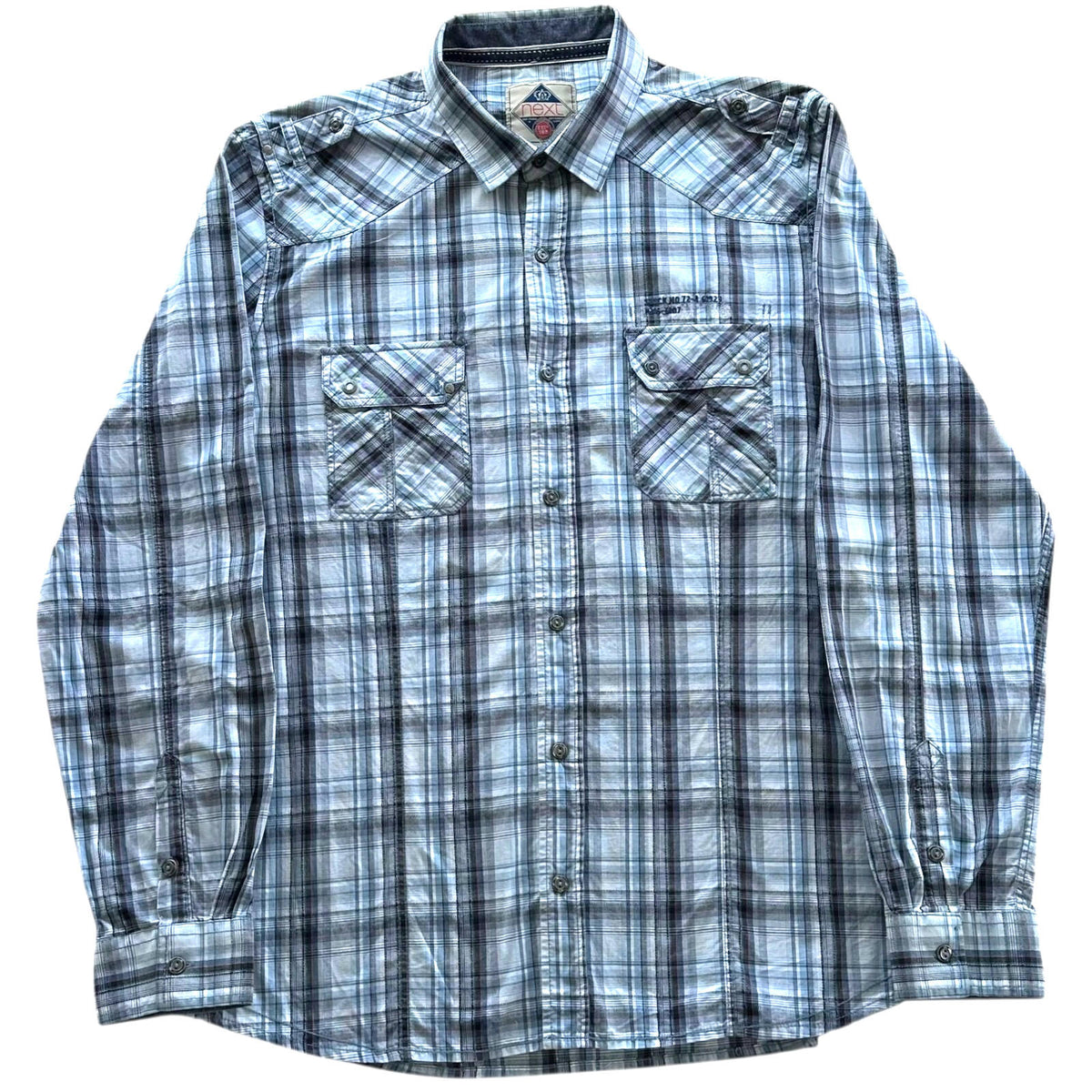 Next Plaid Snap Shirt Men's UK Size XL Long Sleeve Western Blue & White Check