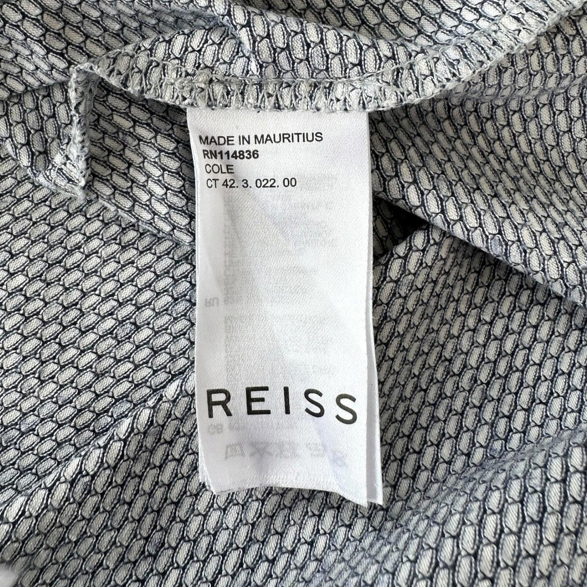 Reiss White Reiss T-Shirt Men's UK Size M White & Blue Geometric Block Print Crew Neck