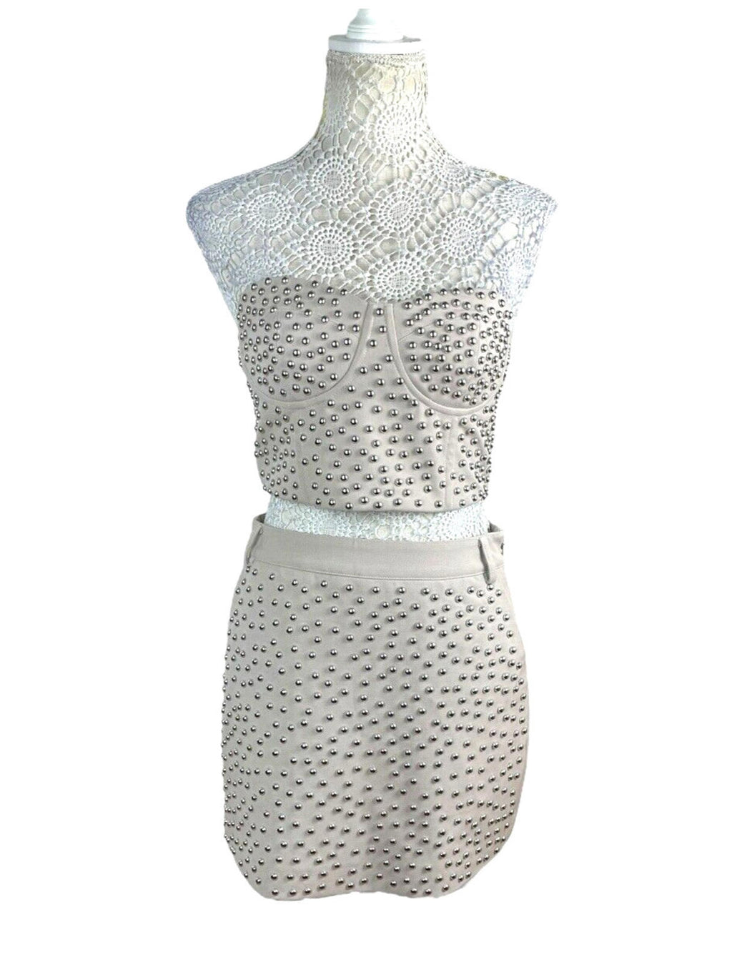 Nasty Gal Beige Studded Skirt And Crop Top Co-Ord Set Women's UK Size 10