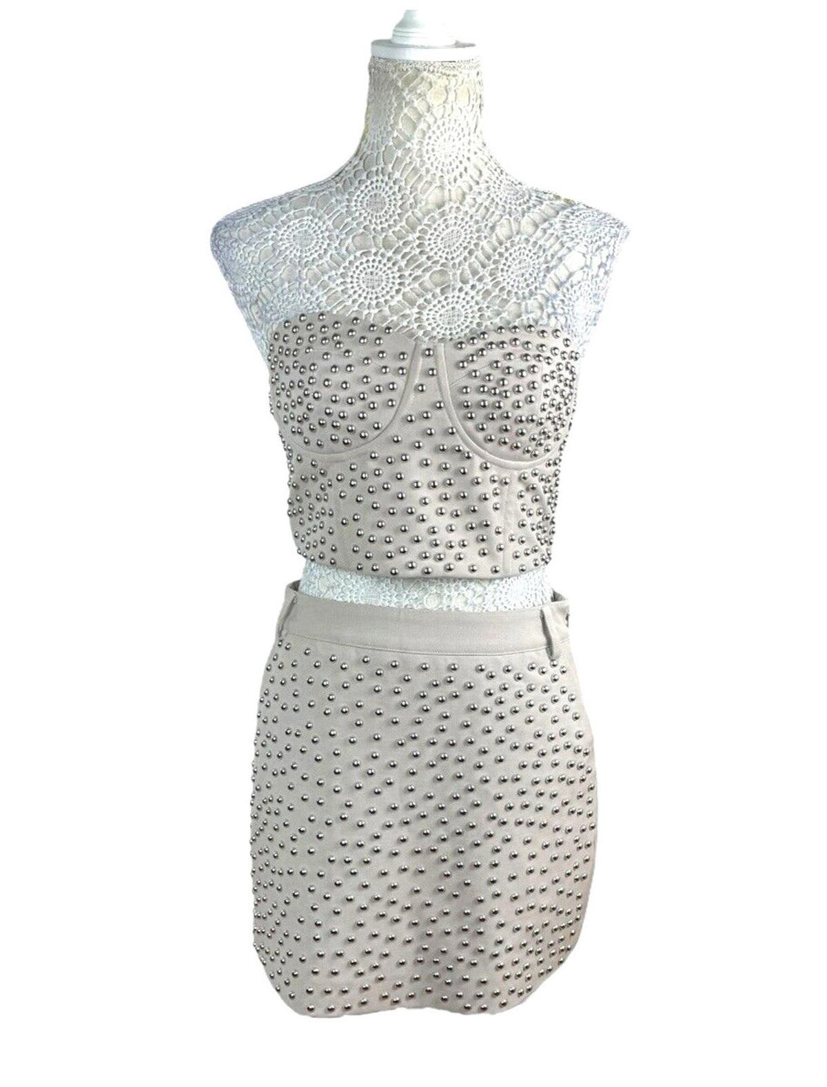 Nasty Gal Beige Studded Skirt And Crop Top Co-Ord Set Women's UK Size 10