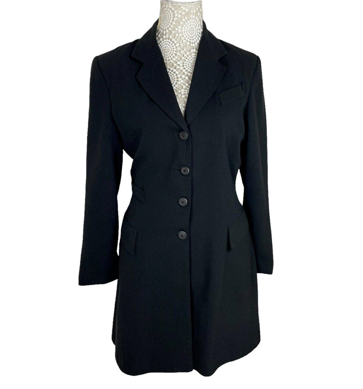 Ego Blazer Jacket Retro Long Black Shoulder Pads Women's UK Size 10