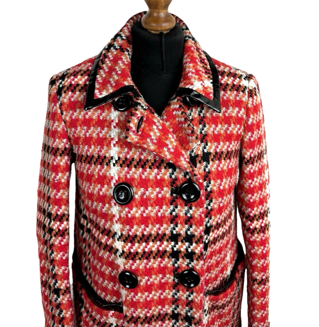 Topshop Red Check Overcoat Women's UK Size 8 Collared Pockets Lined Button Up