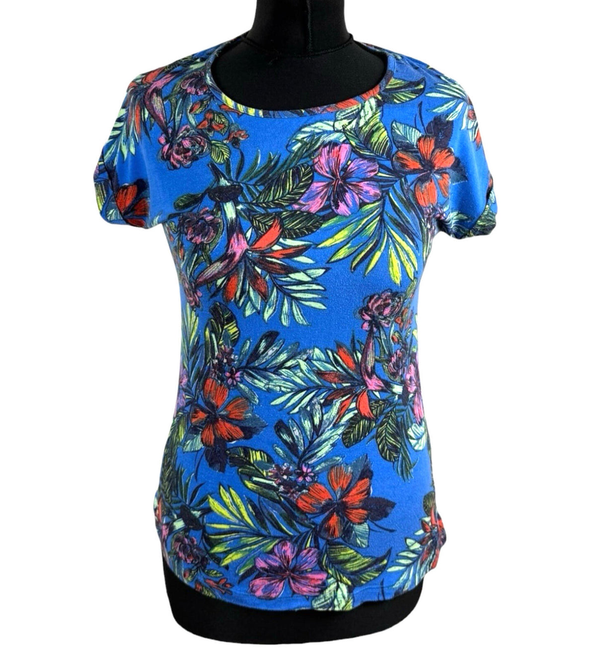 Peacocks T-Shirt Blouse Women's UK Size 8 Tropical Print Zip Back Multicolour
