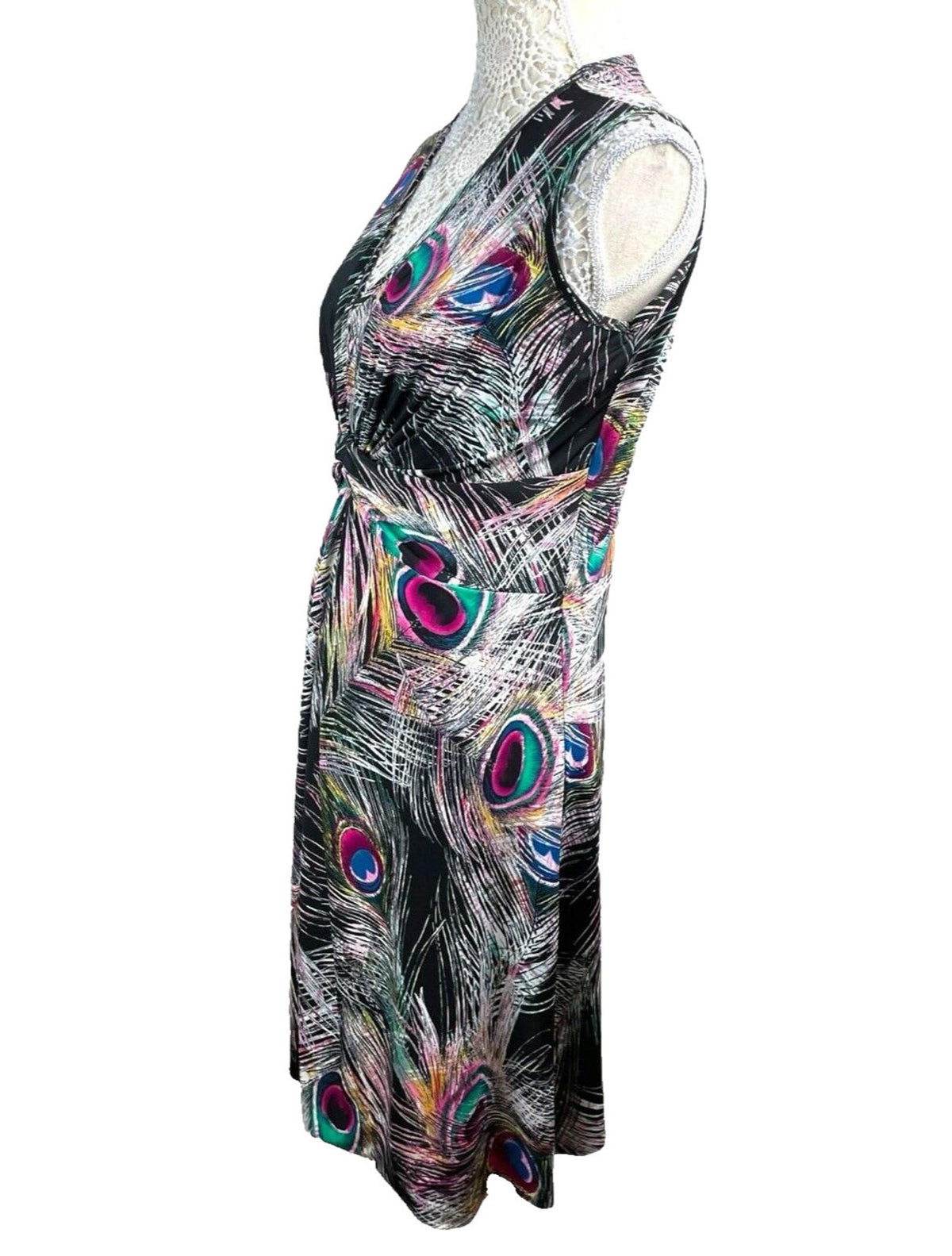 Peacock Feather Print Midi Dress Women’s UK Size M Sleeveless Ruched Waist
