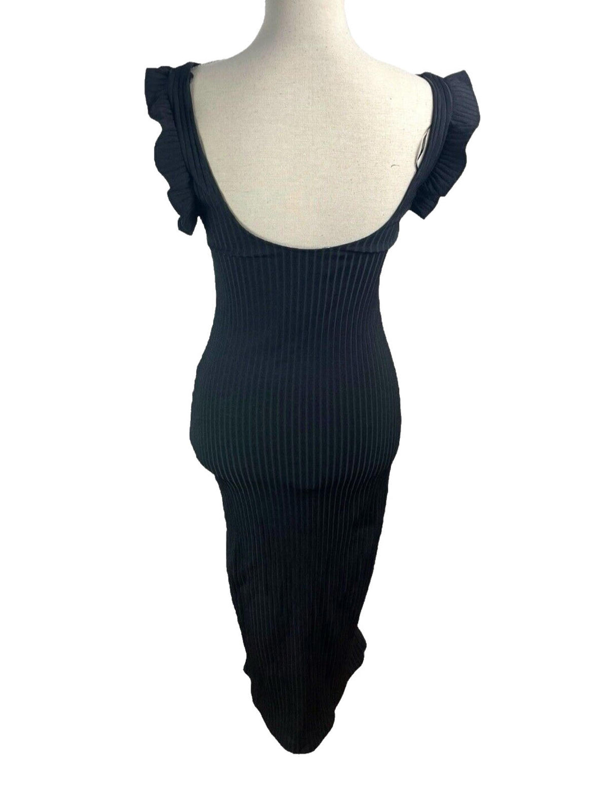 Zara Black Ribbed Maxi Dress Frill Straps Women's UK Size S