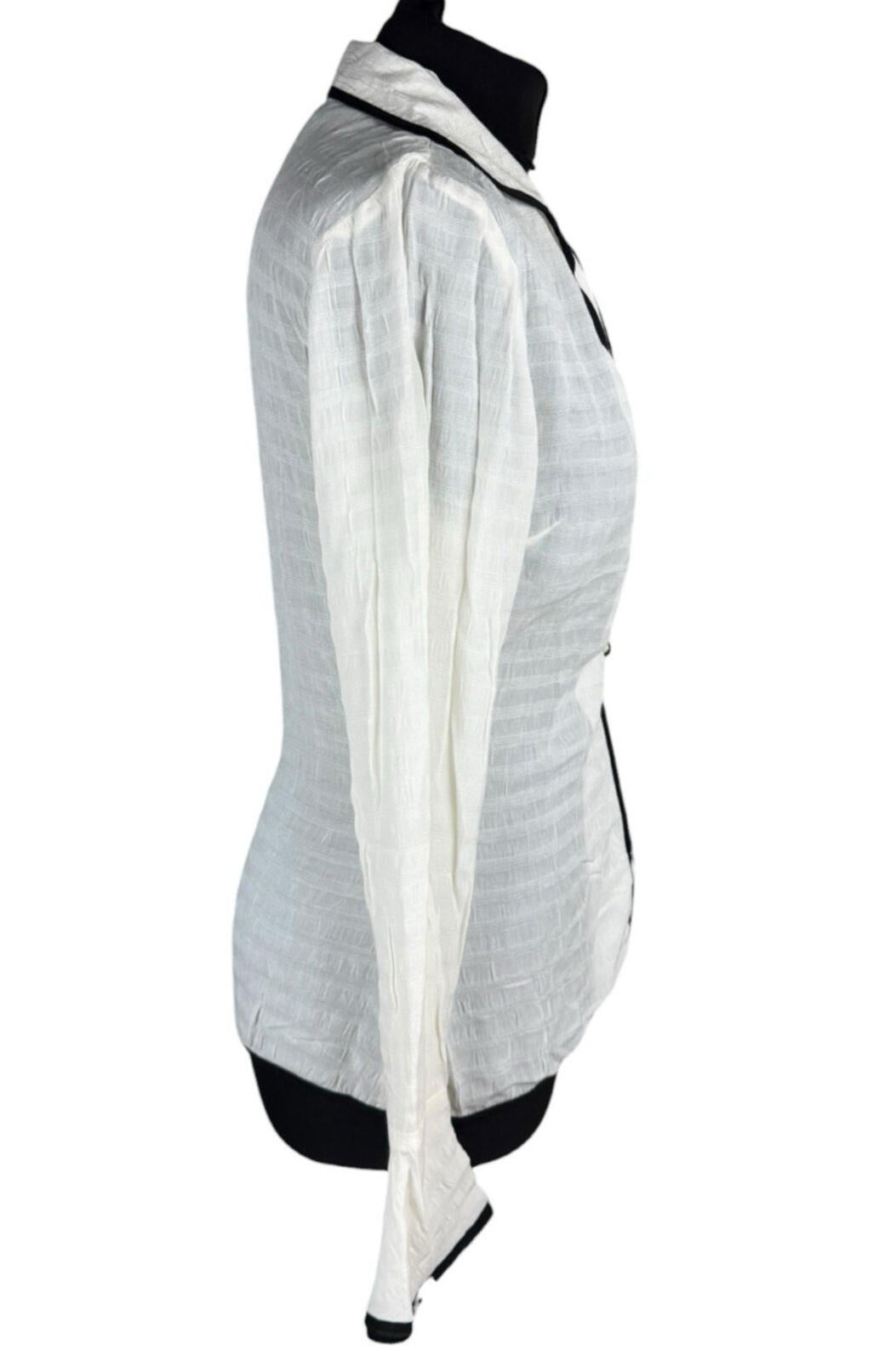 White Linen Blazer Blouse Top Women's UK Size S Flared Sleeves Ivory & Black Piping