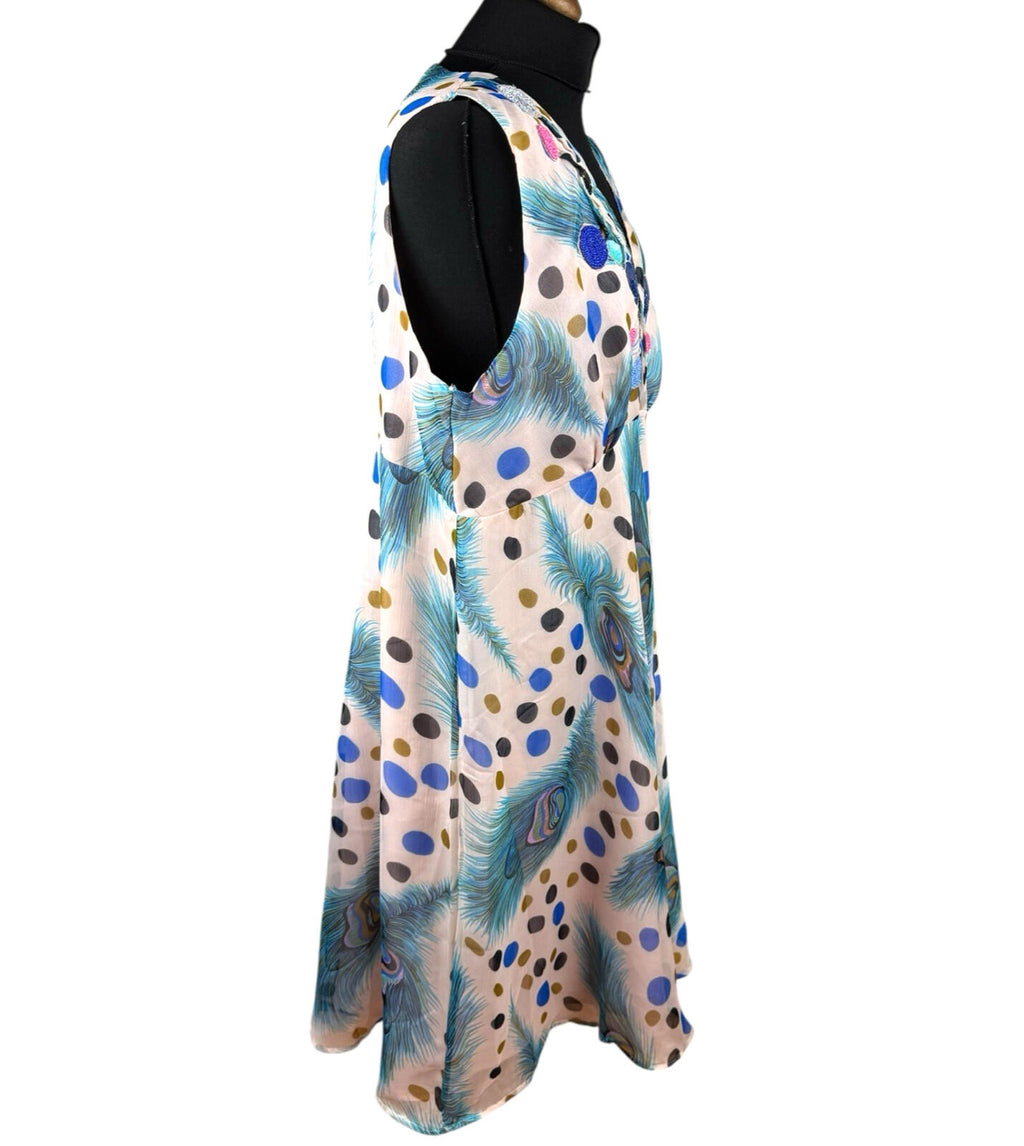 Marksharn White Marksharn Chiffon Party Dress Women's UK Size 3XL Peacock Design Multicolour