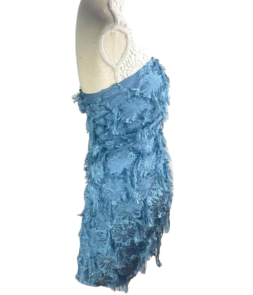 Pretty Little Thing Blue Faux Feather Off Shoulder Mini Dress Women's UK Size 8