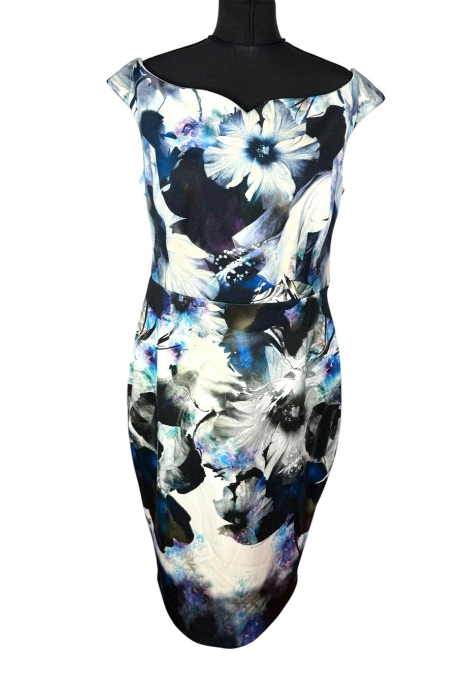 COAST Floral Wiggle Dress UK 16 Blue Black Scuba Bodycon Midi Wedding Guest