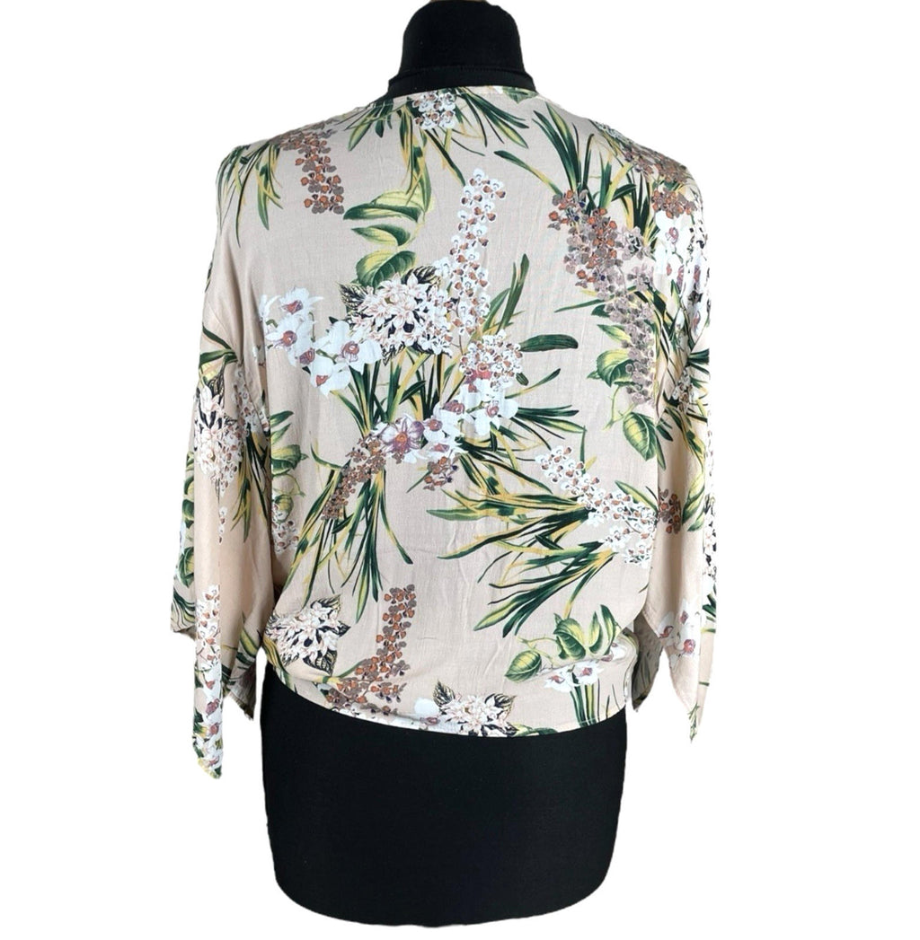 River Island Pink Floral Crop Top Tie Front 3/4 Sleeve Pastel Women's UK Size 12