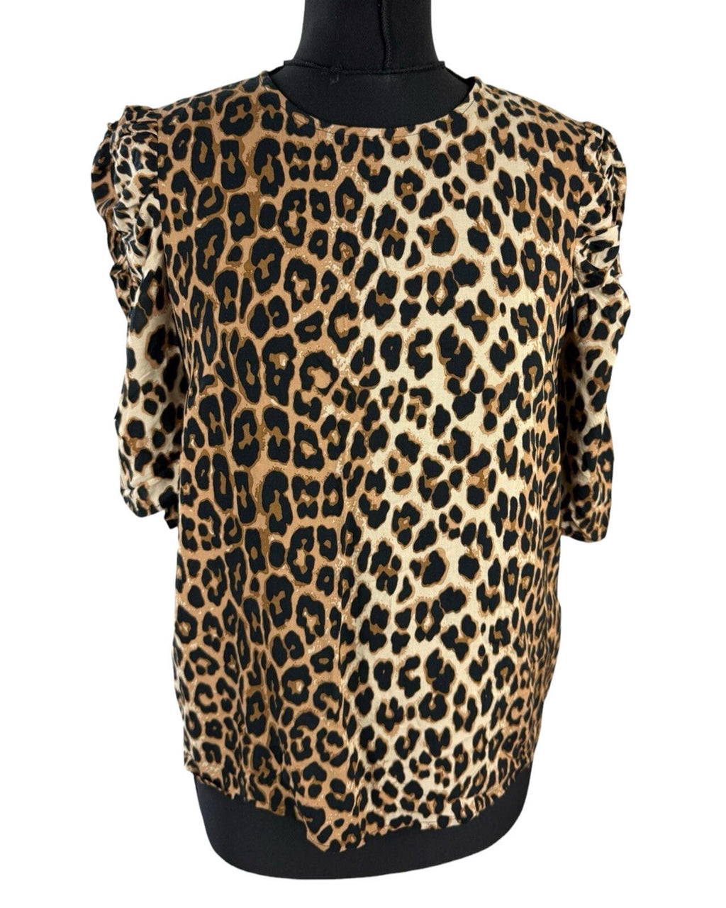 H&M Brown H&M Leopard Print Blouse Women's UK Size XS Relaxed Fit Puff-Sleeved Lightweight