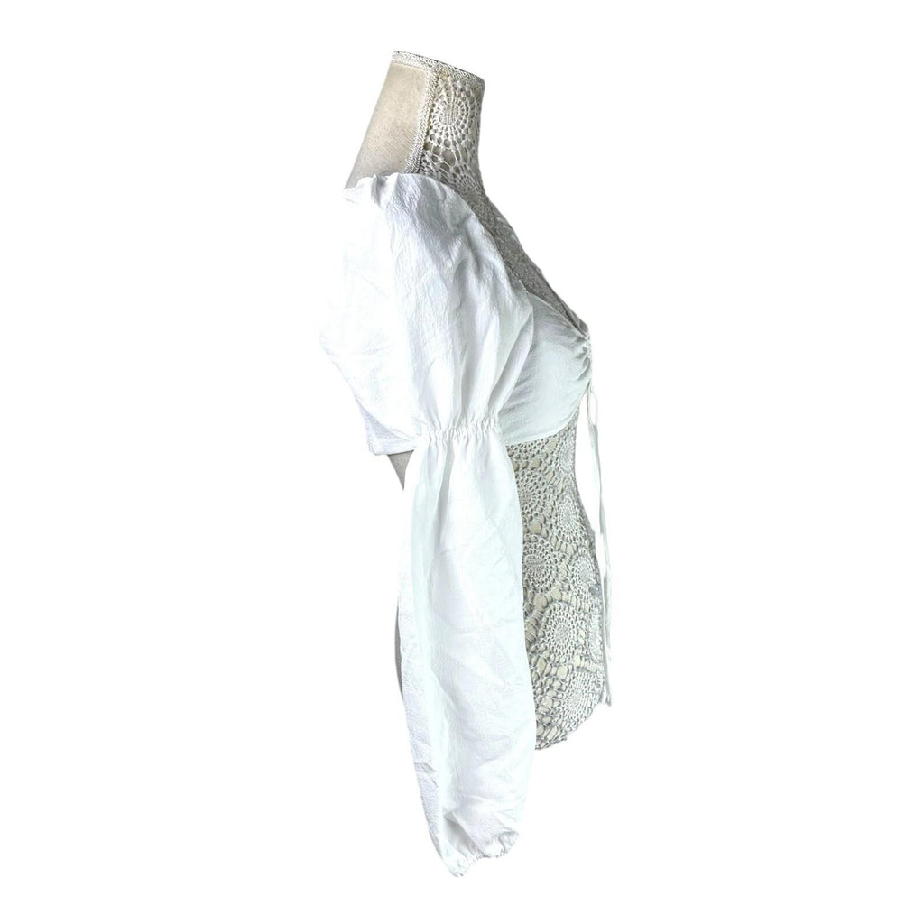 Divided White Puff Sleeve Crop Top Silver Ring Eyelet Women's UK Size S