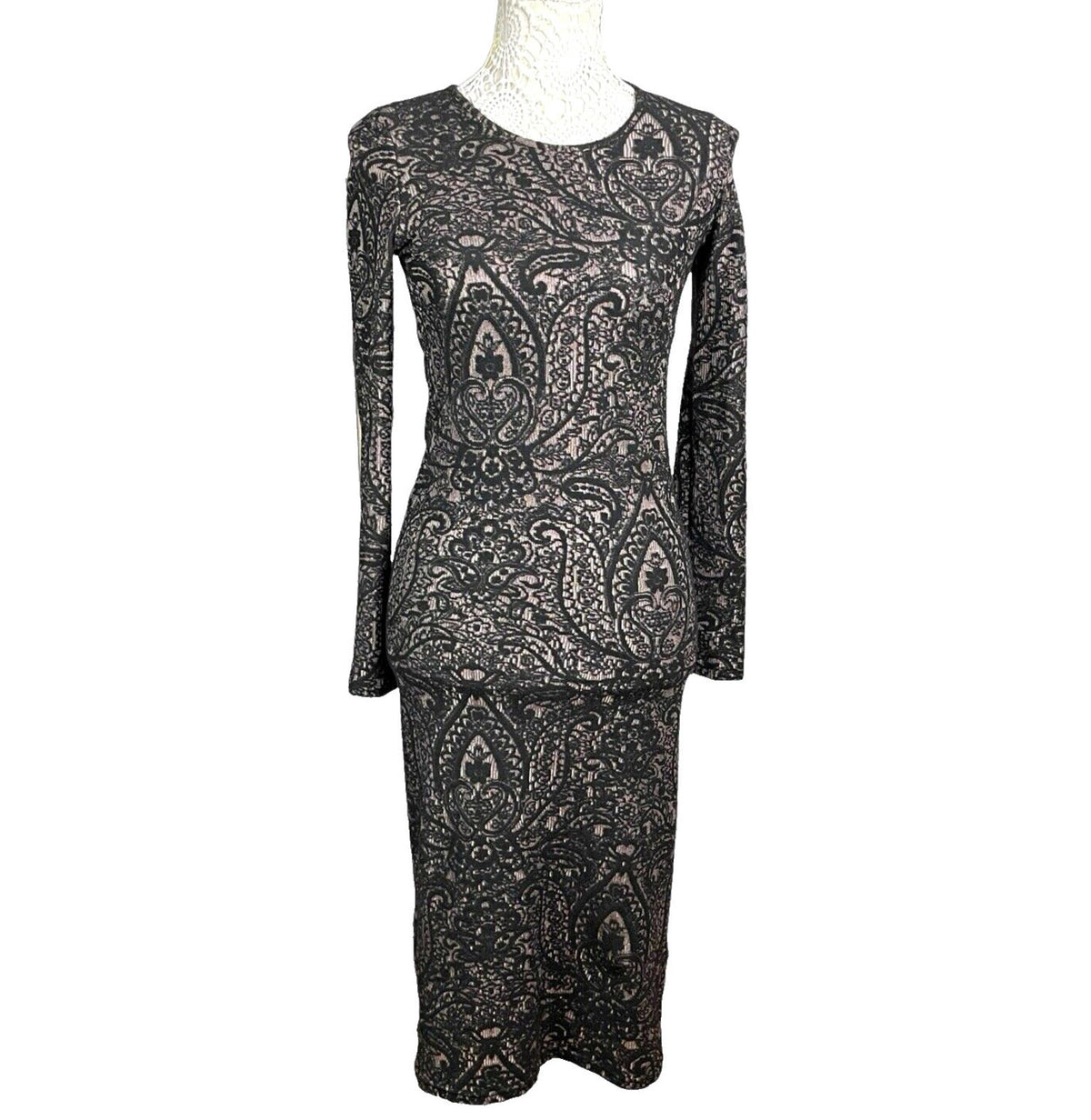TopShop Black Topshop Black Embroidered Midi Dress Long Sleeve Bodycon Women's UK Size 12