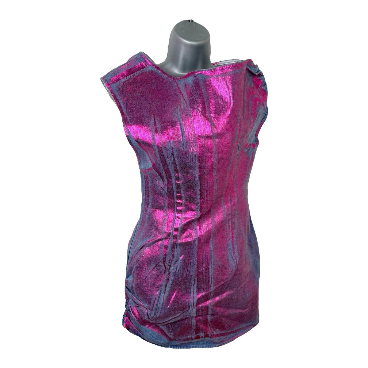 Denim Mini Dress Women's UK Size XS Purple Coated Metallic Distressed Look Y2K