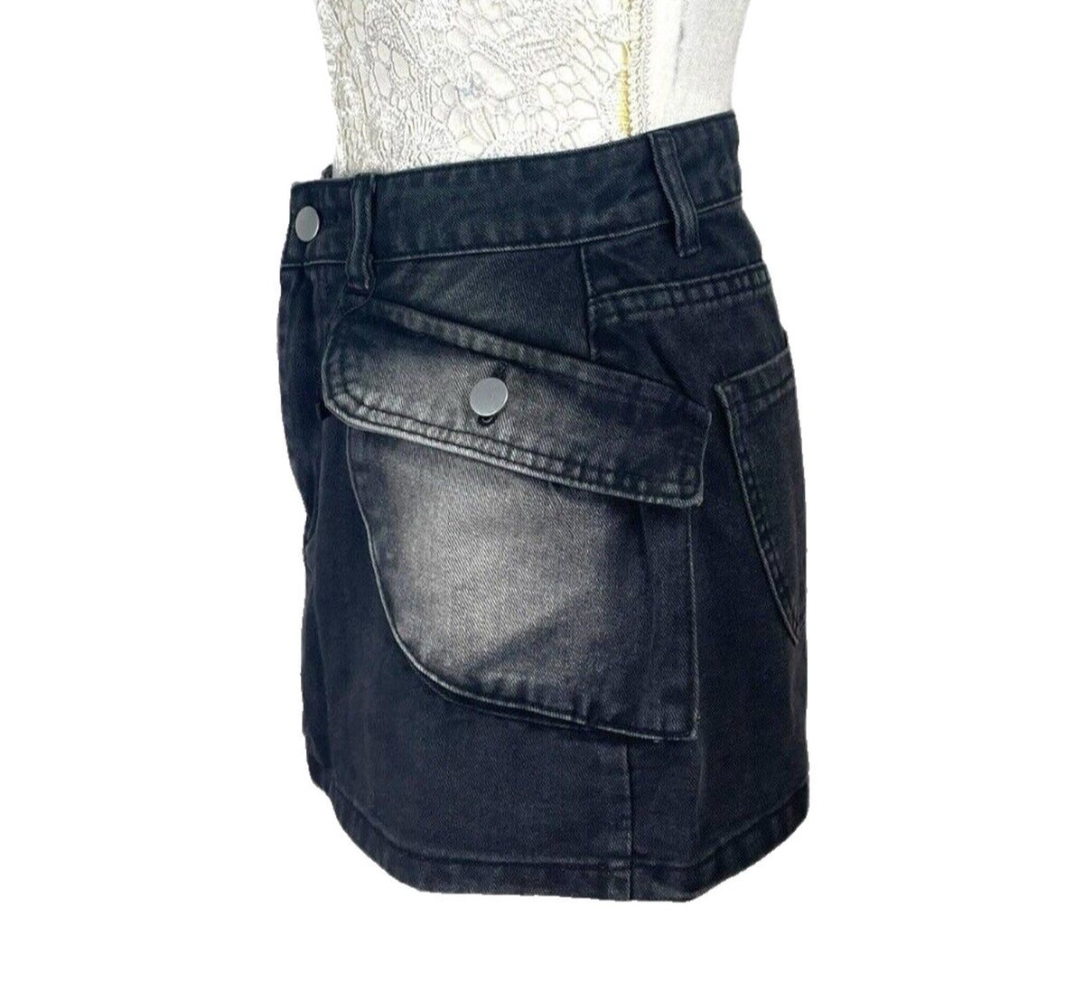 Denim Cargo Mini Skirt Black Women's UK Size 8