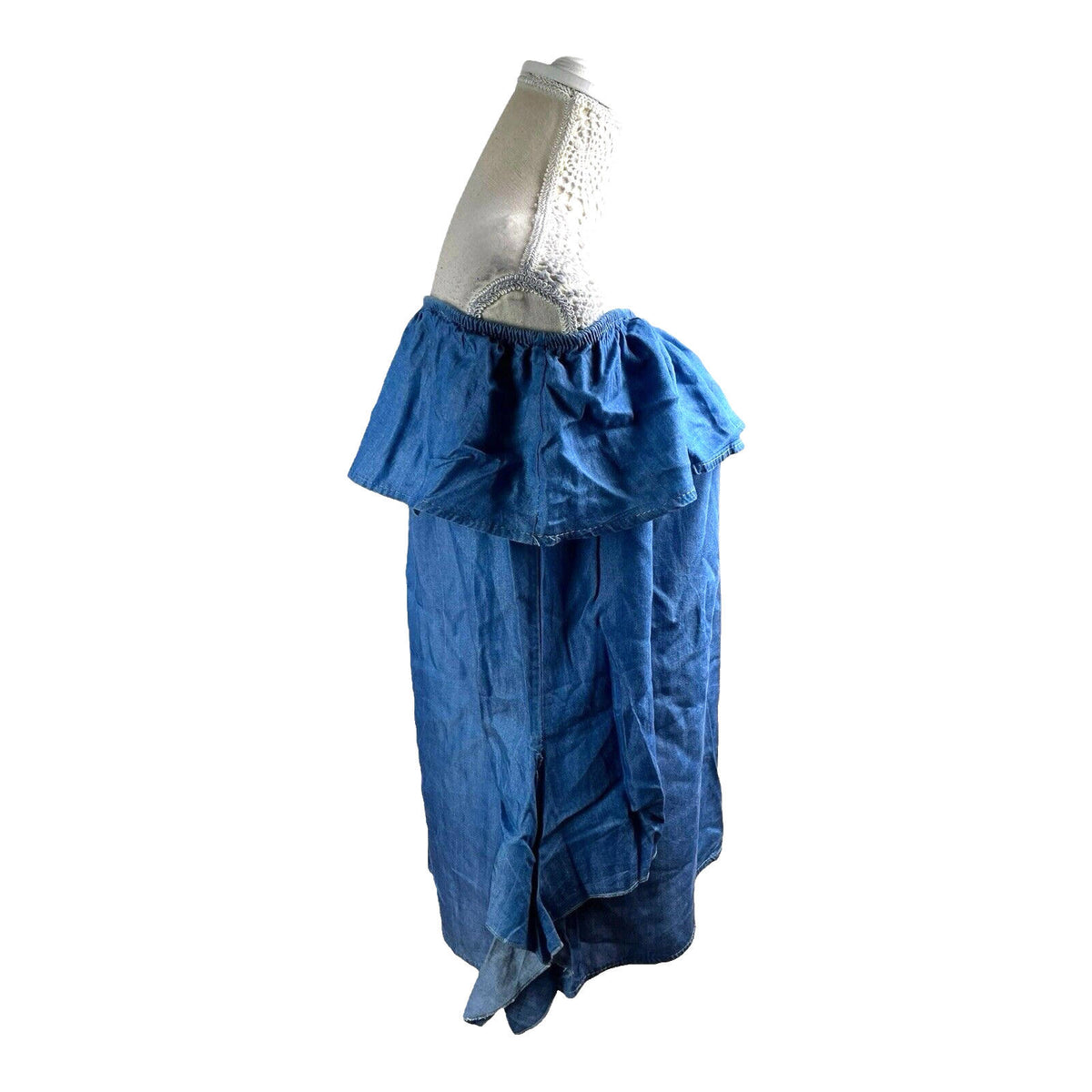 Quiz Off-Shoulder Blouse Women's UK Size M-L Blue Denim Style Ruffle Long Sleeve