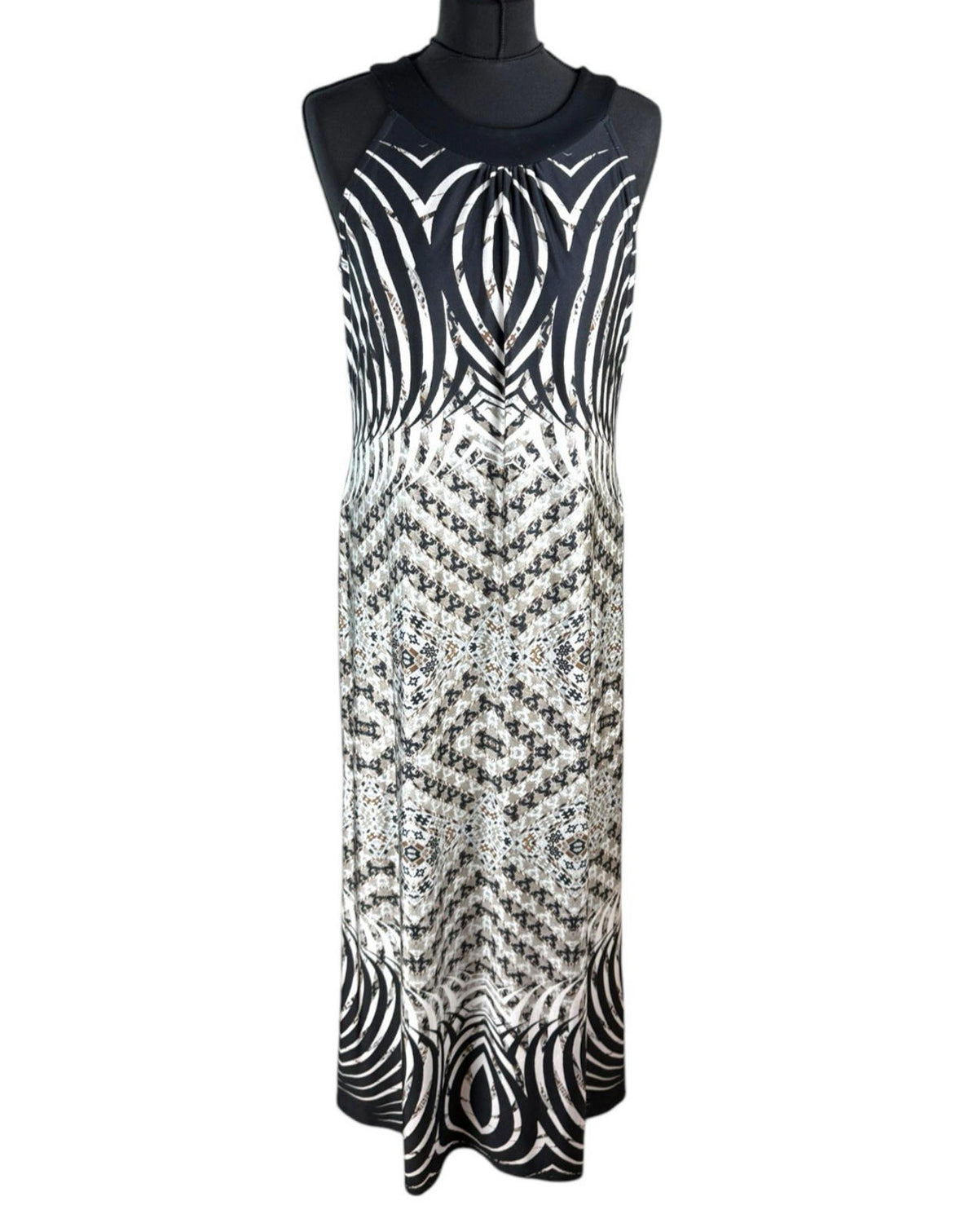 Black & Beige Maxi Dress Round Neck Stretch Women’s UK Size 14