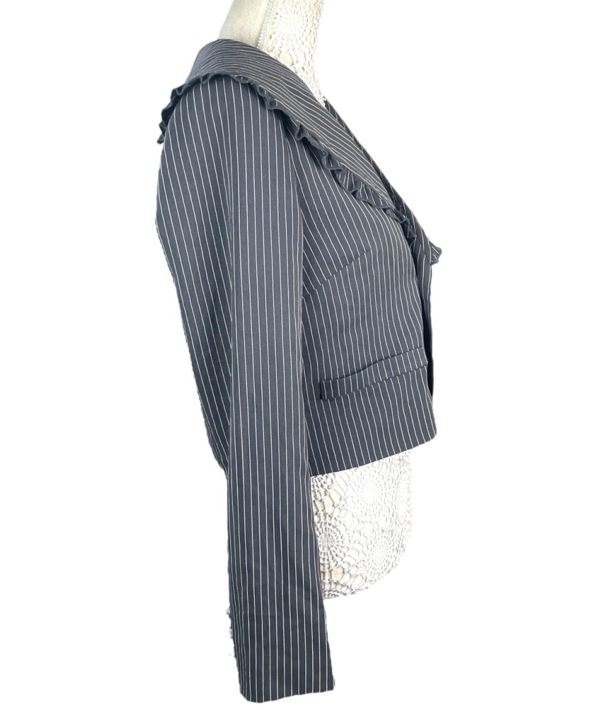 Pretty Little Thing Pinstripe Blazer Women’s UK Size S Grey Cropped Oversized Lapels Ruffle Trim