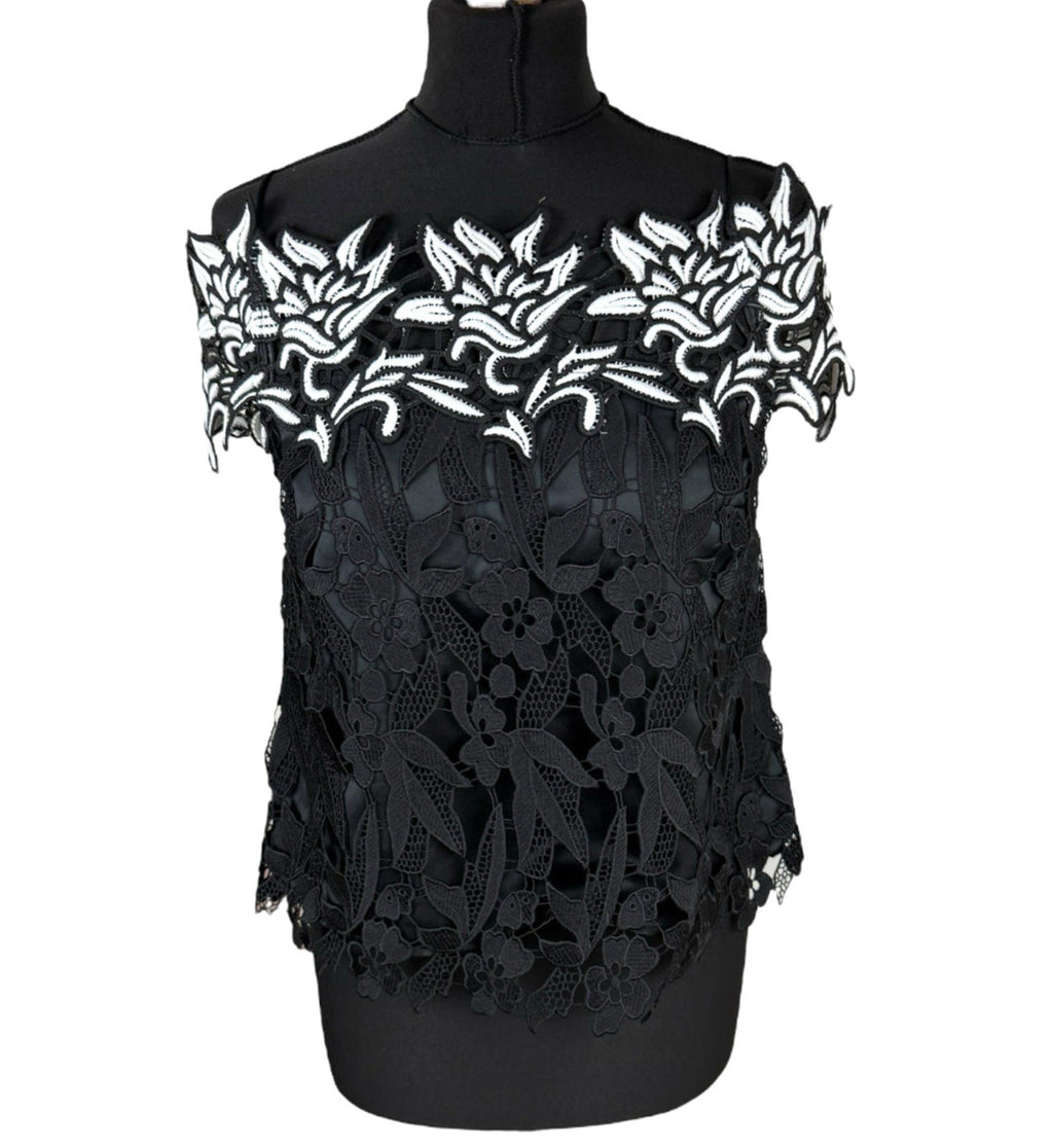 TopShop Black Topshop Black White Floral Lace Tank Top Strapping Sleeve Women's UK Size 10