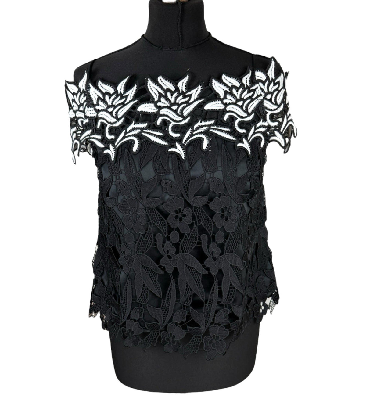TopShop Black Topshop Black White Floral Lace Tank Top Strapping Sleeve Women's UK Size 10