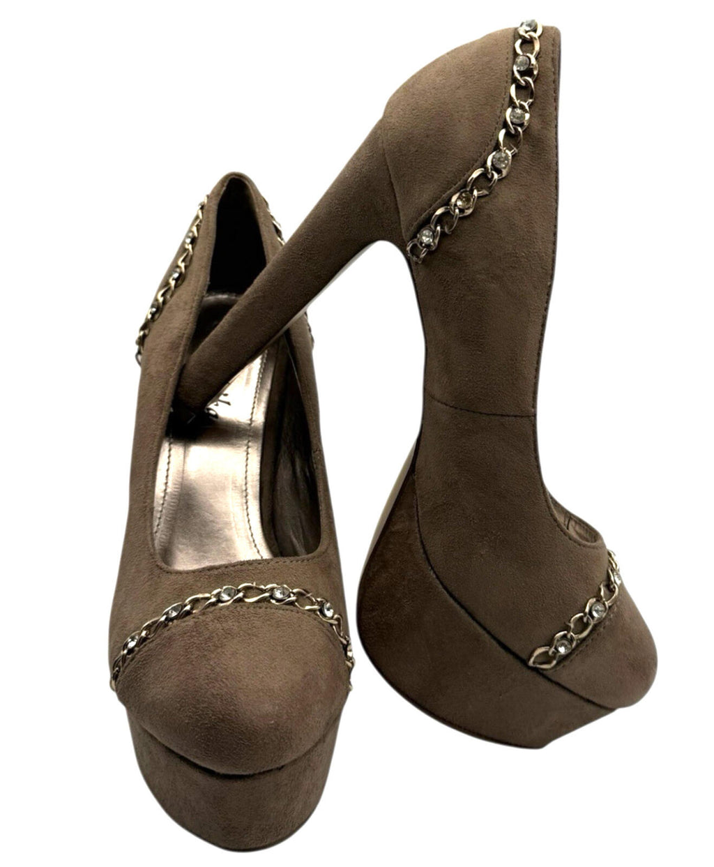 Mannika Tan Mannika Platform Stiletto Women's UK Size 6 Chain Diamante Detail Brown Suede