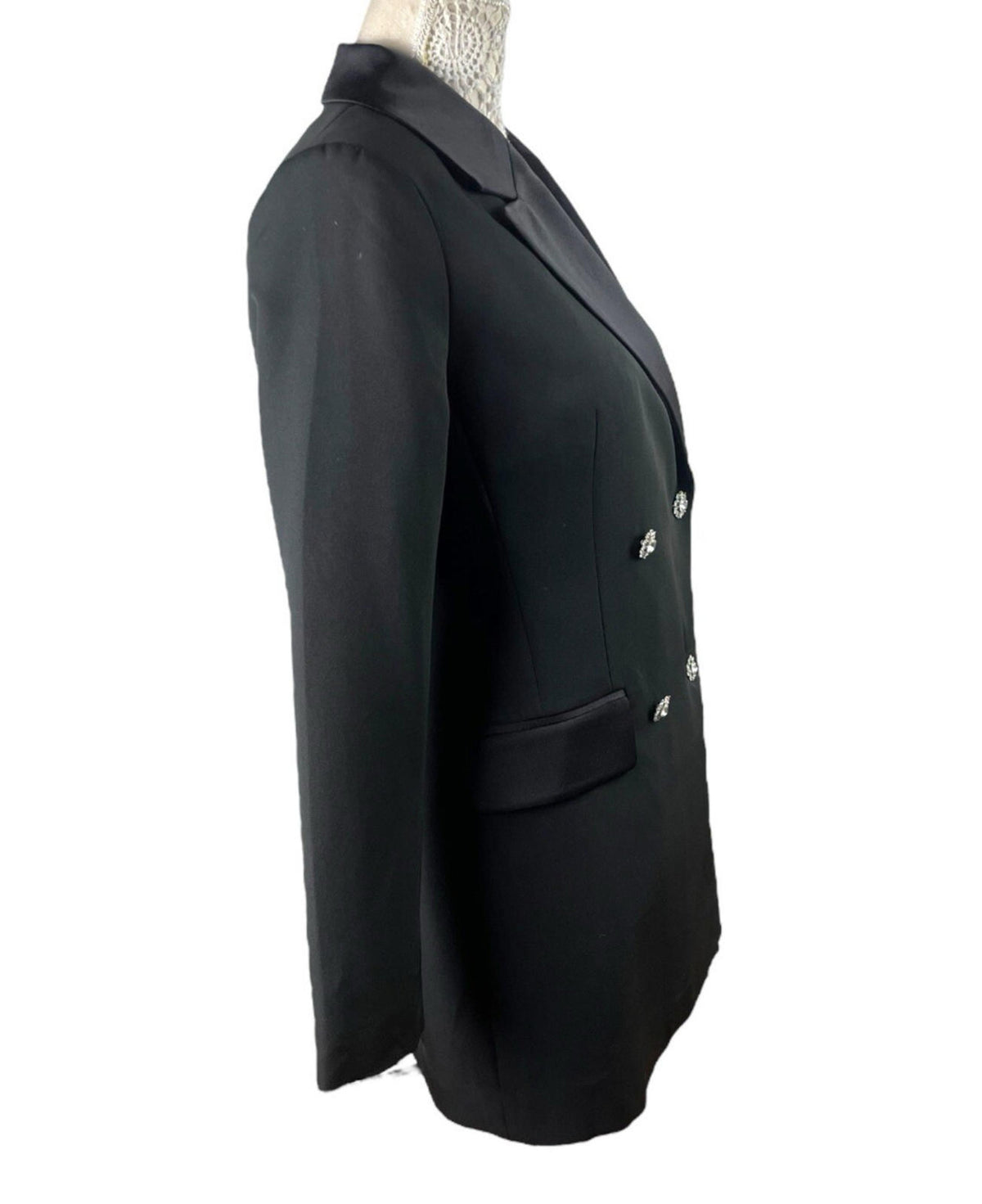 New Look Long Black Blazer Jacket Diamante Button PETITE Women’s UK Size 8