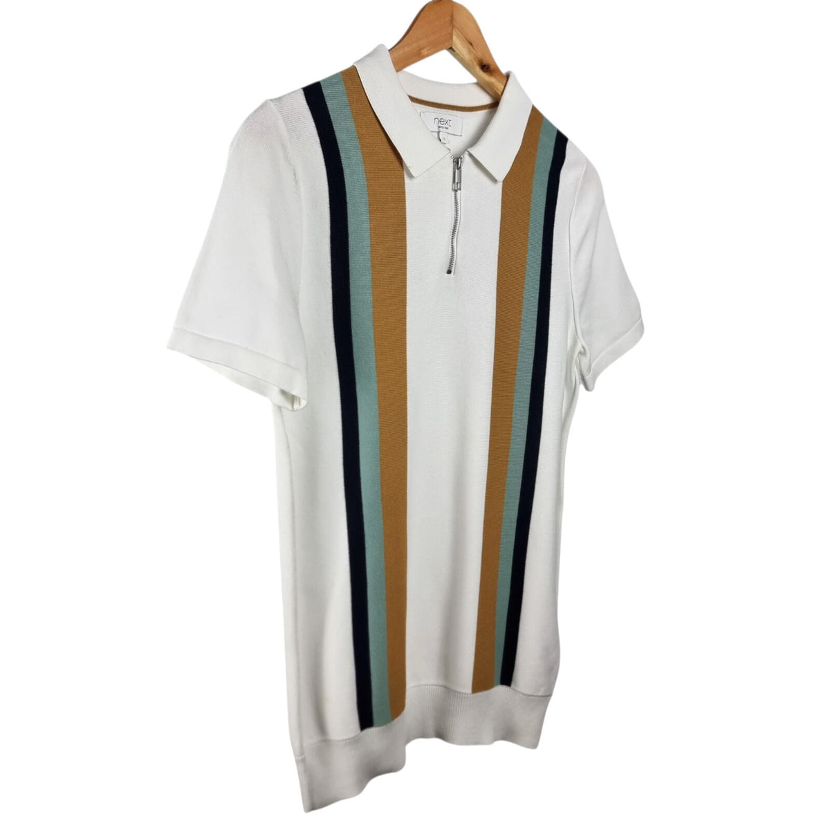 Next Knit Polo Shirt Men's UK Size S Striped Short Sleeve 100% Cotton 1/4 Zip