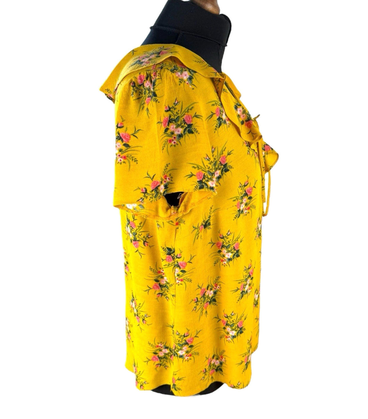 Dorothy Perkins Floral Blouse Women's UK Size 14 Yellow Ruffle Collar Tie Neck