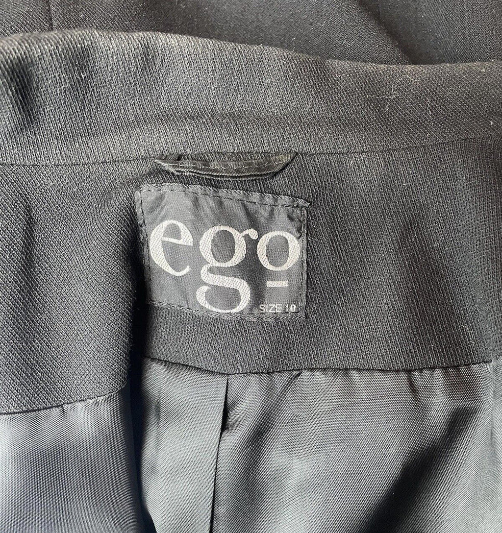 Ego Blazer Jacket Retro Long Black Shoulder Pads Women's UK Size 10
