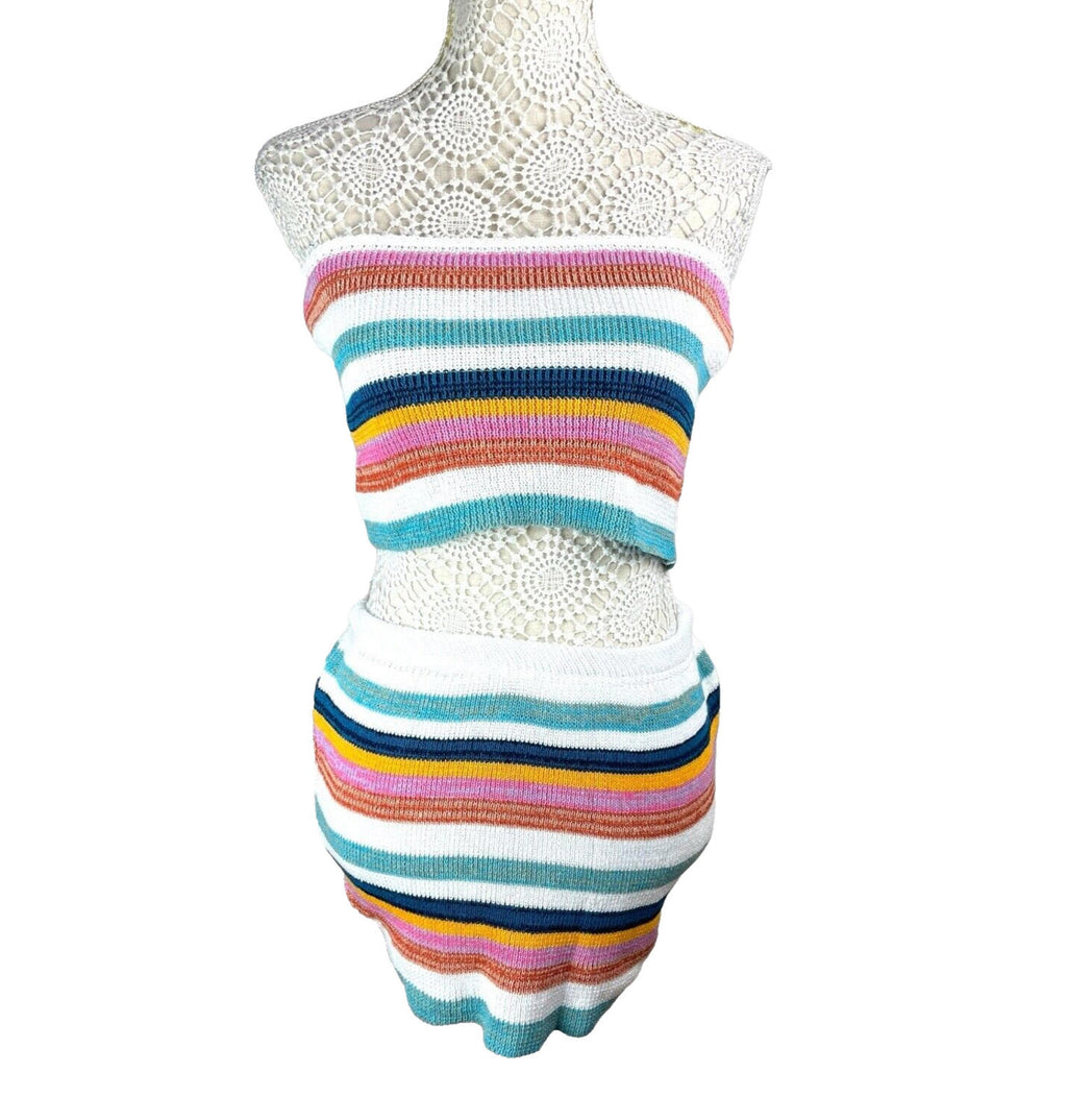 Multicolour Stripe Knit Two-Piece Set Women's UK Size 8 Bandeau Crop Top & Skirt