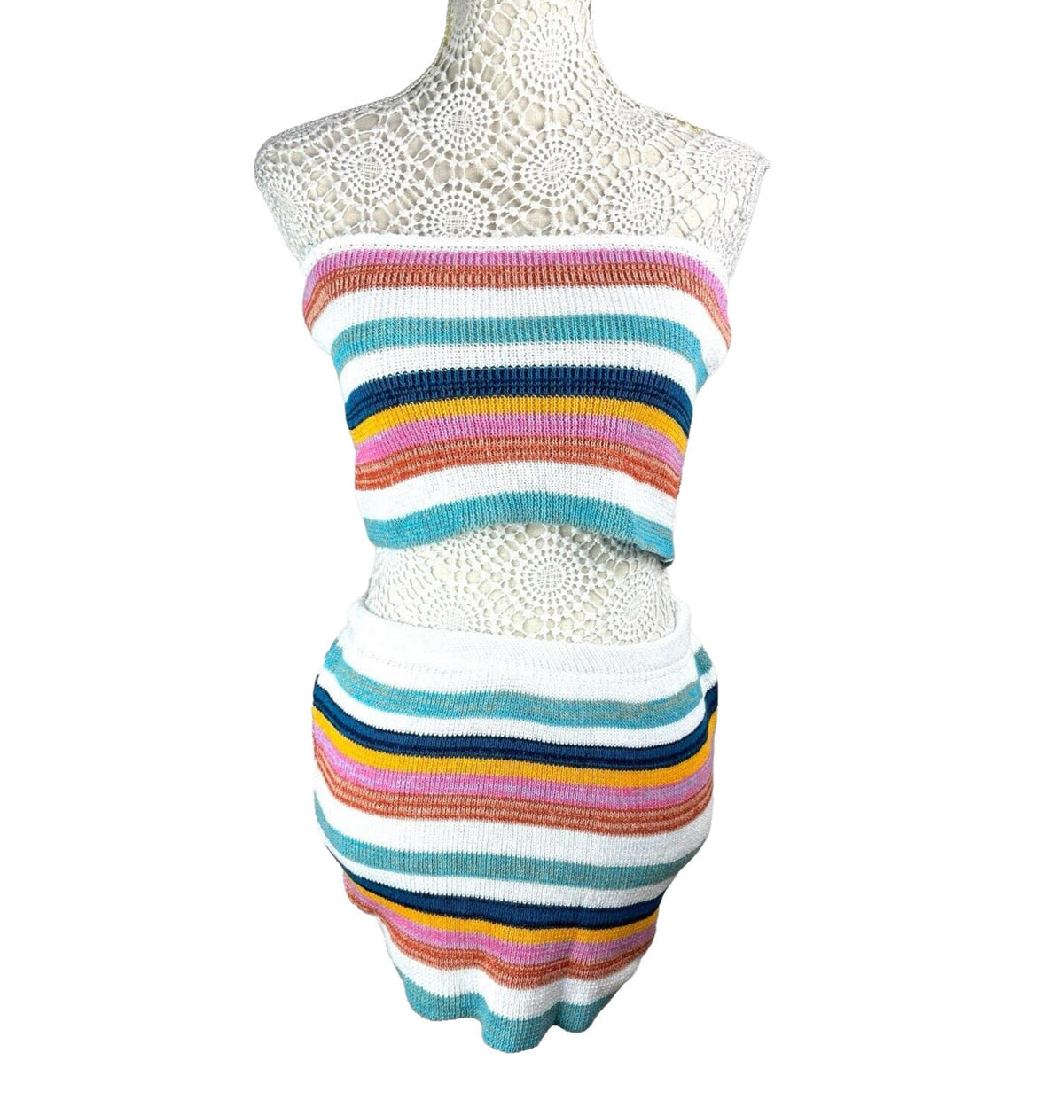 Multicolour Stripe Knit Two-Piece Set Women's UK Size 8 Bandeau Crop Top & Skirt