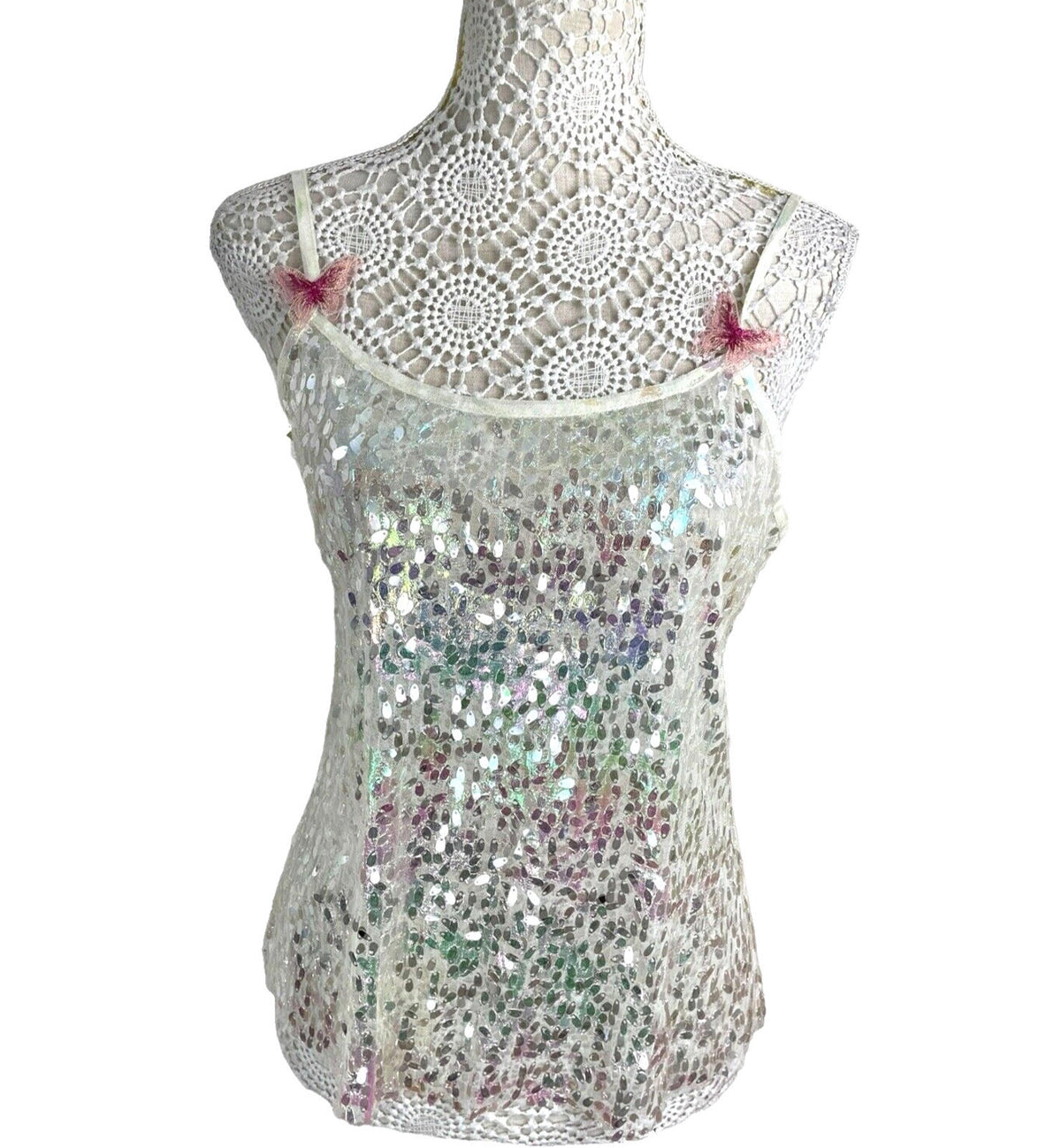 White Sequin Crop Top & Waistcoat Co-Ord Women's UK Size 8 Iridescent Butterfly Detail