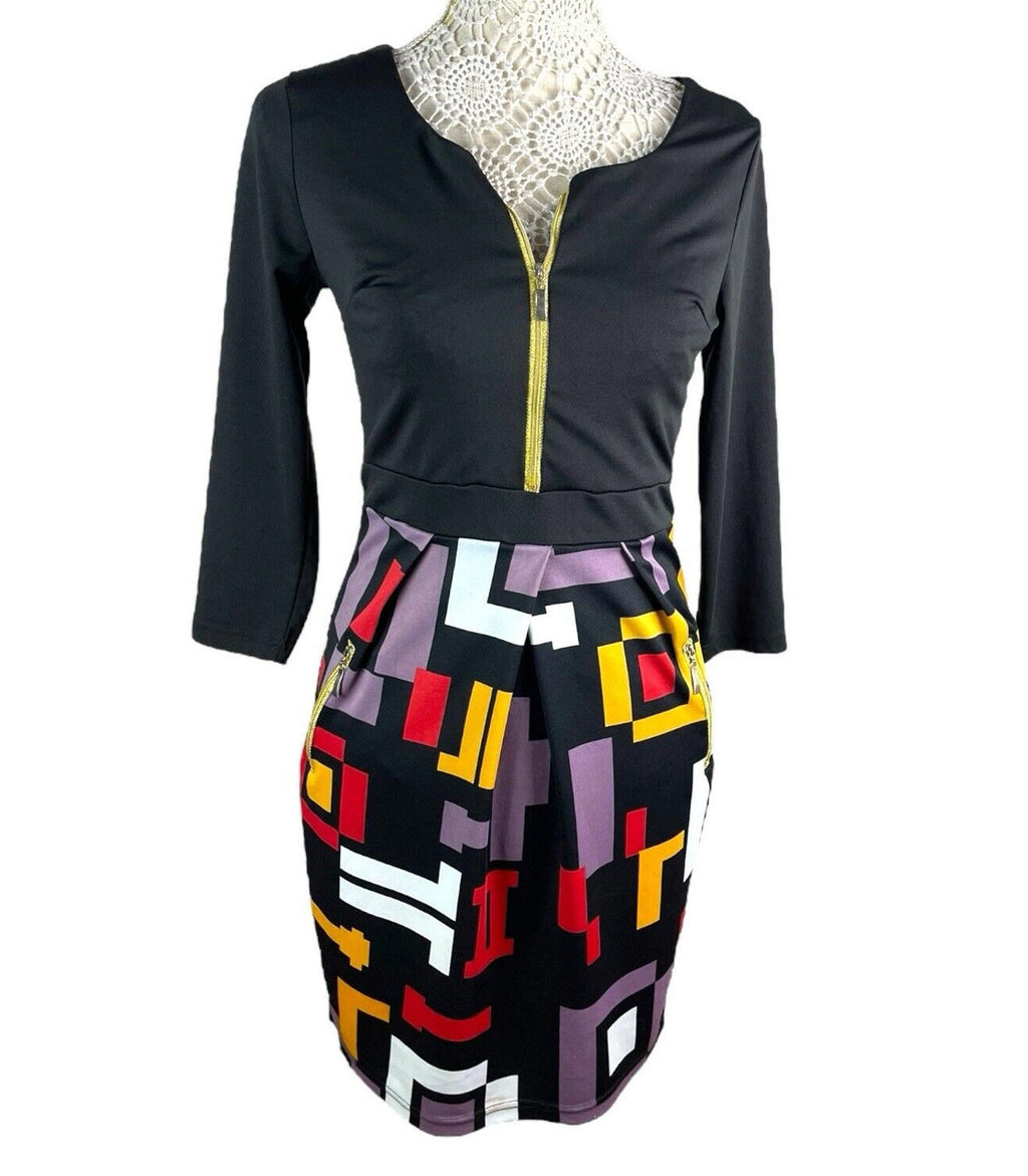 Miusol Retro Look Mini Dress Long Sleeve Zip Front Women's UK Size M