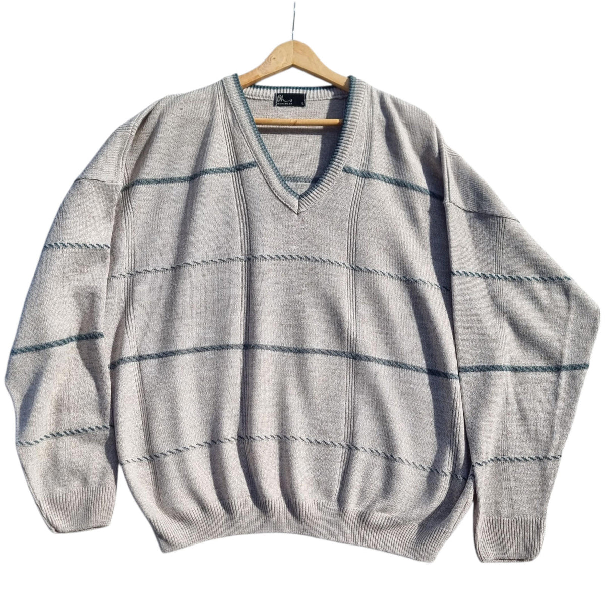 BHS Knit Jumper Men's UK Size L Beige Striped 100% Acrilic V-Neck