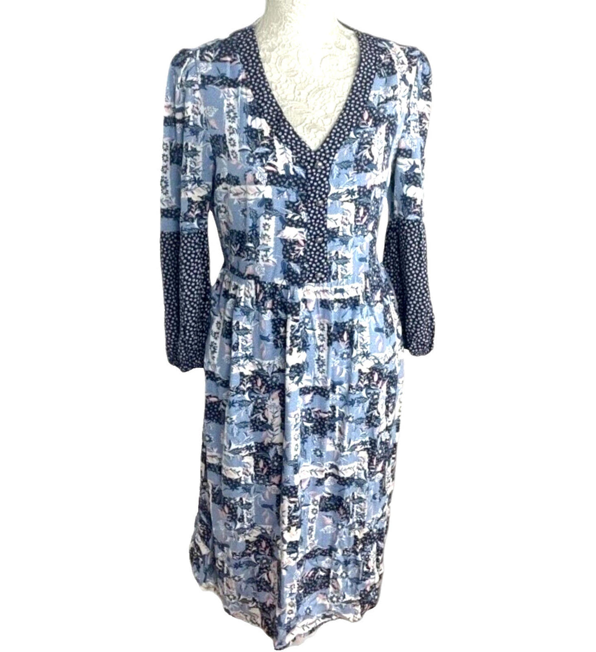 TU Floral Print Midi Dress Women's UK Size 10 Blue Long Bell Sleeve V-Neckline