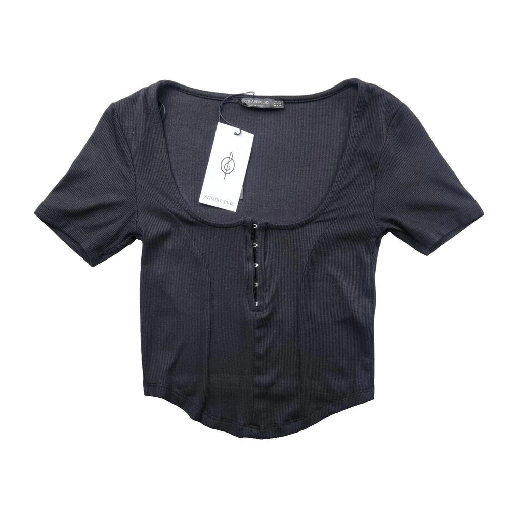 stradivarius Black Stradivarius Crop Top Ribbed Black Clasp Fasten Women's UK Size XS