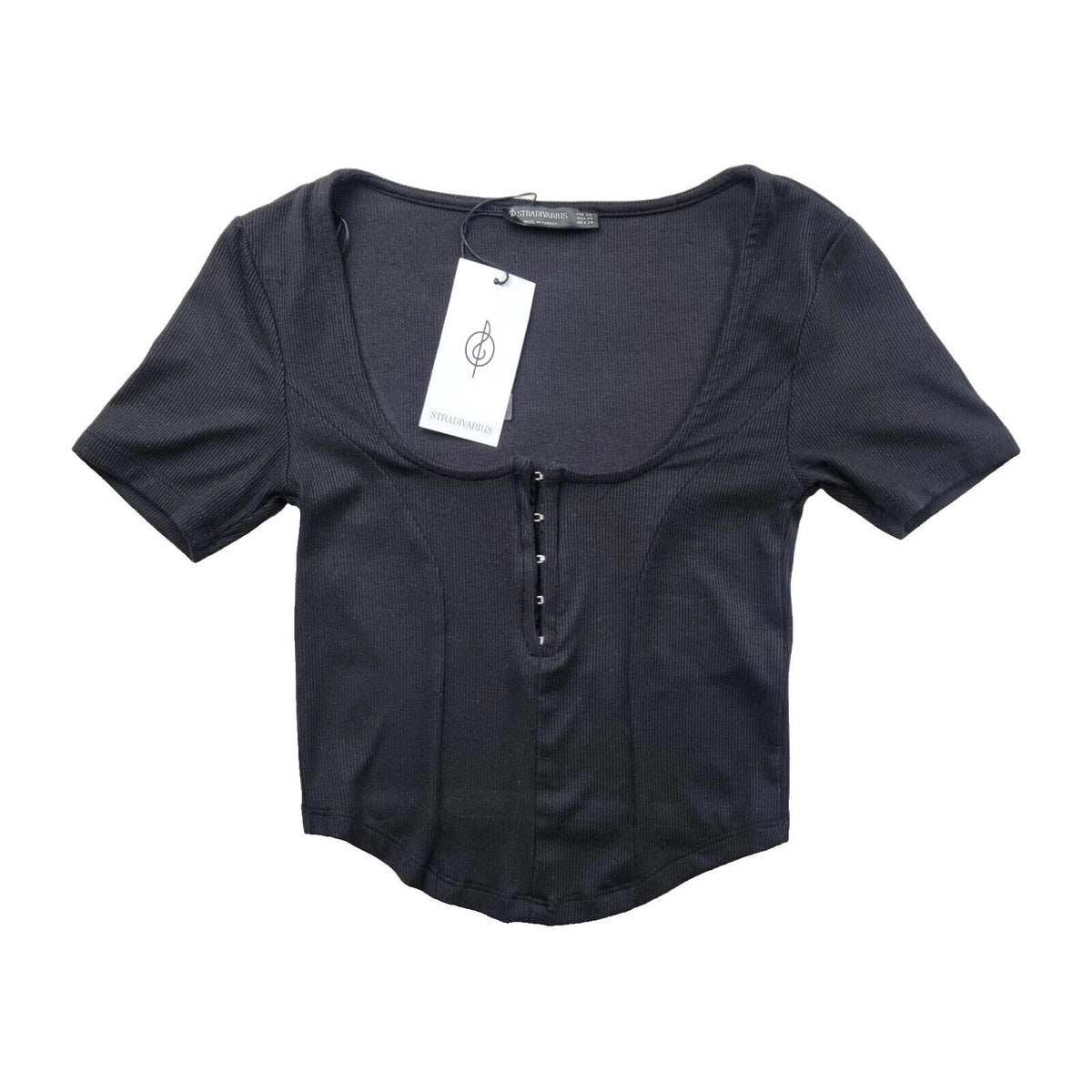 stradivarius Black Stradivarius Crop Top Ribbed Black Clasp Fasten Women's UK Size XS
