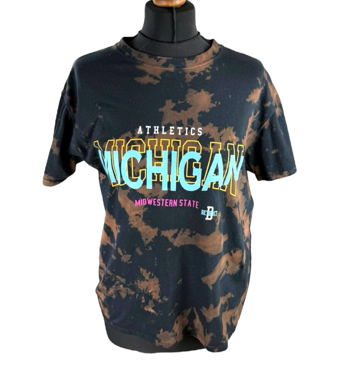 Tie-Dye Graphic Print T-Shirt Women's UK Size S Black Brown Michigan Crew Neck
