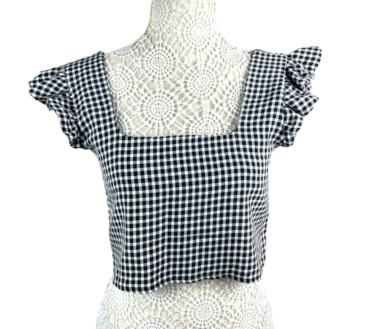Figa Black Gingham Ruffle Sleeve Square Neck Blouse Women's UK Size 8 Cropped Black & White