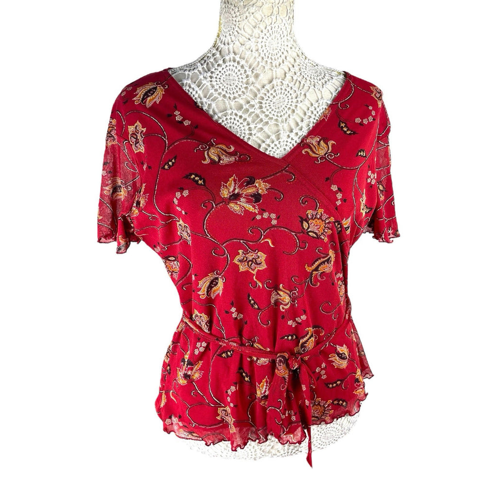 Bonmarche Blouse Red Floral Chiffon Top Women's UK Size M (10-12)