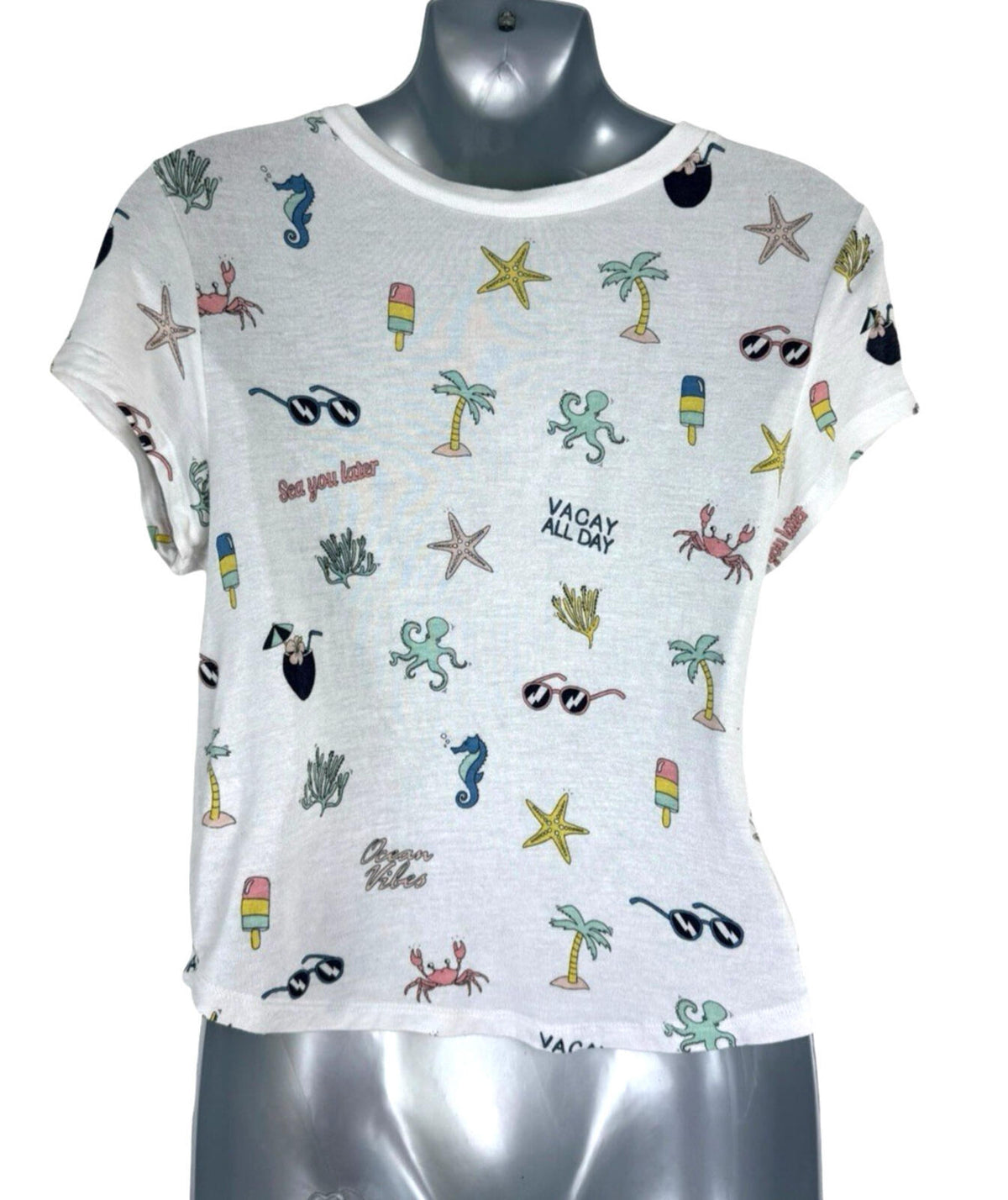 Divided Printed T-Shirt Crop Top Women's UK Size S Short Sleeve Holiday Print