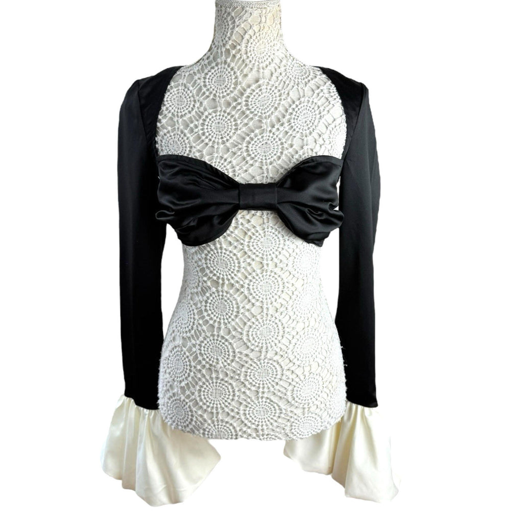 Pretty Little Thing Black Satin Crop Top Puffball Sleeve Women's UK Size 8