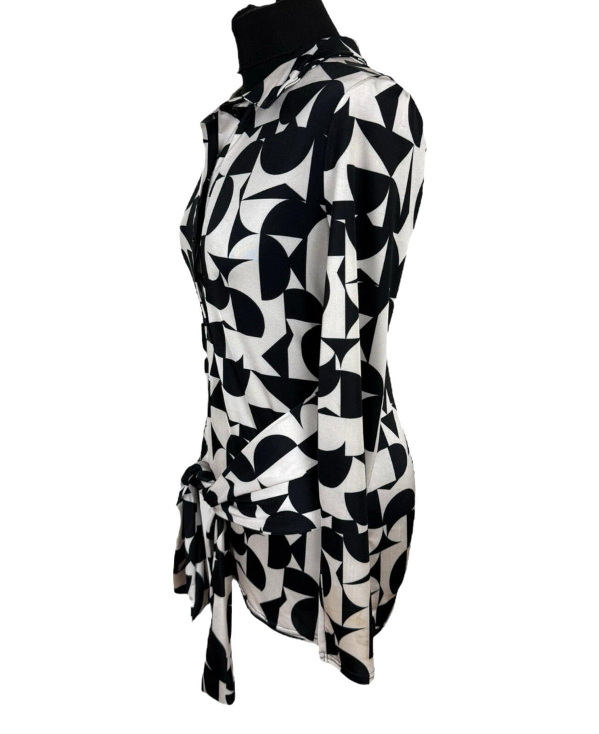 River Island White River Island Blouse Women's UK Size 10 Black White Graphic Print Belted Collared