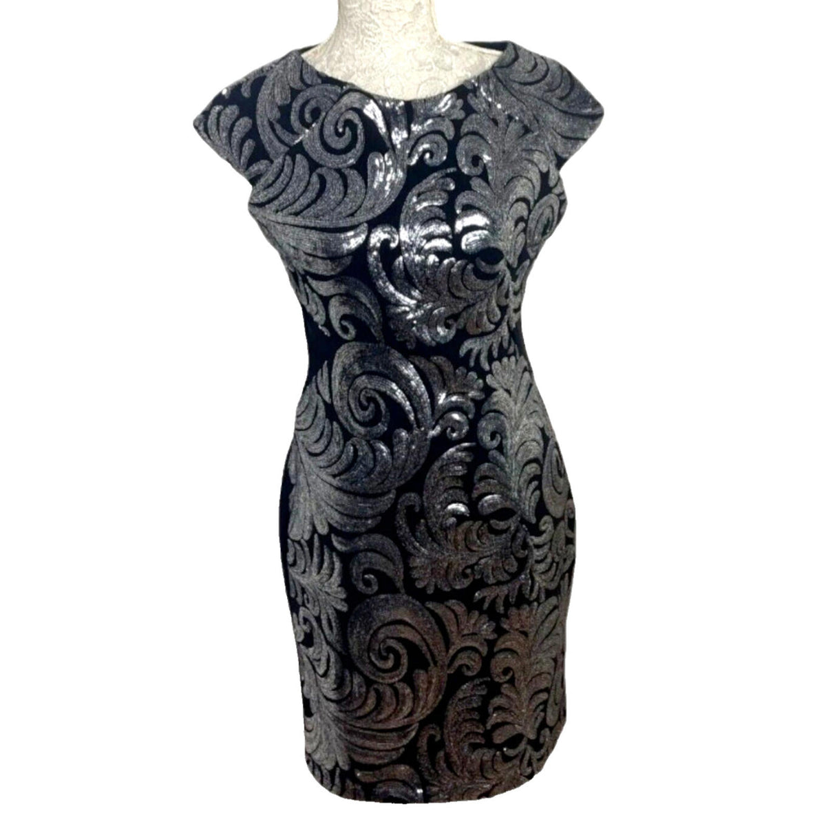 Amy Childs Black Midi Dress Silver Sequin Leaf Detail Women's UK Size 14