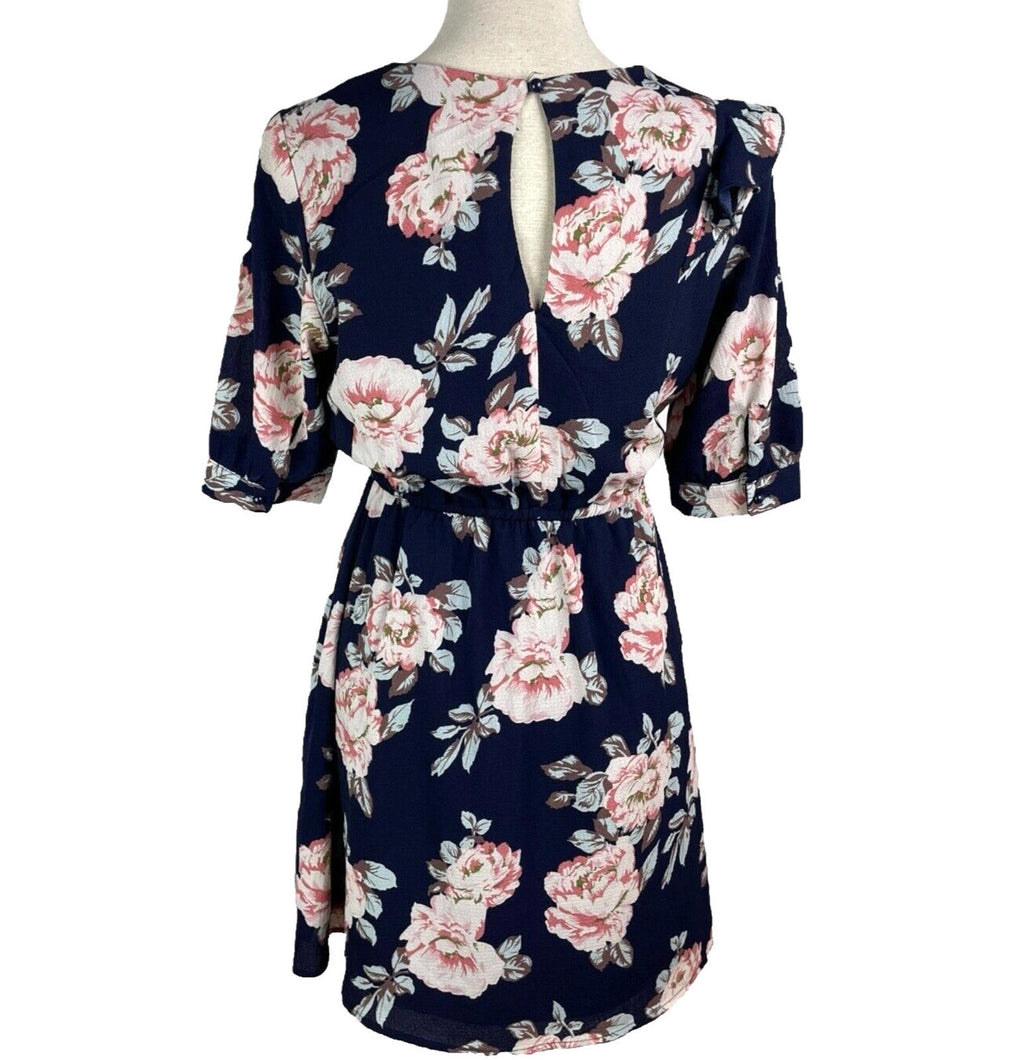Urban Bliss Midi Dress Navy Floral High Neck Elastic Waist Women's UK Size 10