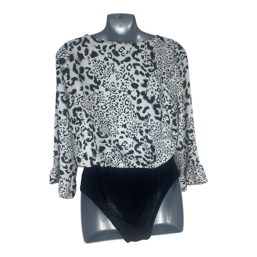 Boohoo Animal Print Bodysuit Top Women's UK Size S Long Sleeve White Black
