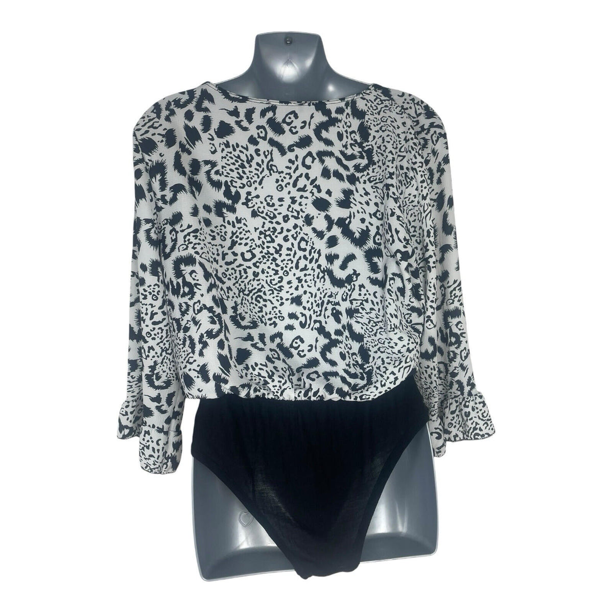 Boohoo Animal Print Bodysuit Top Women's UK Size S Long Sleeve White Black