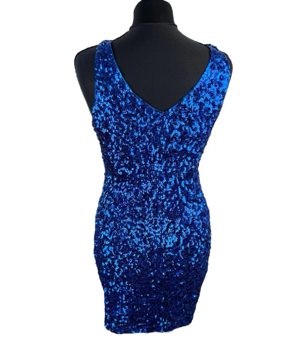 Covos Sequin Cocktail Dress Women's UK Size XL Bodycon V Neck Party Mini Blue Sparkle