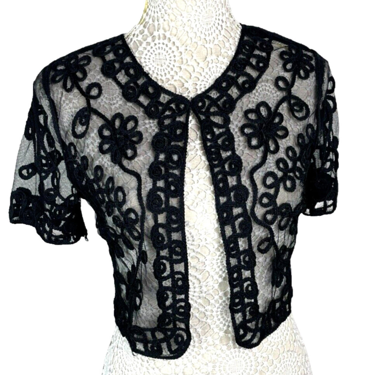 Quiz Sheer Lace Black Cropped Cardigan Floral Mesh Women's UK Size S